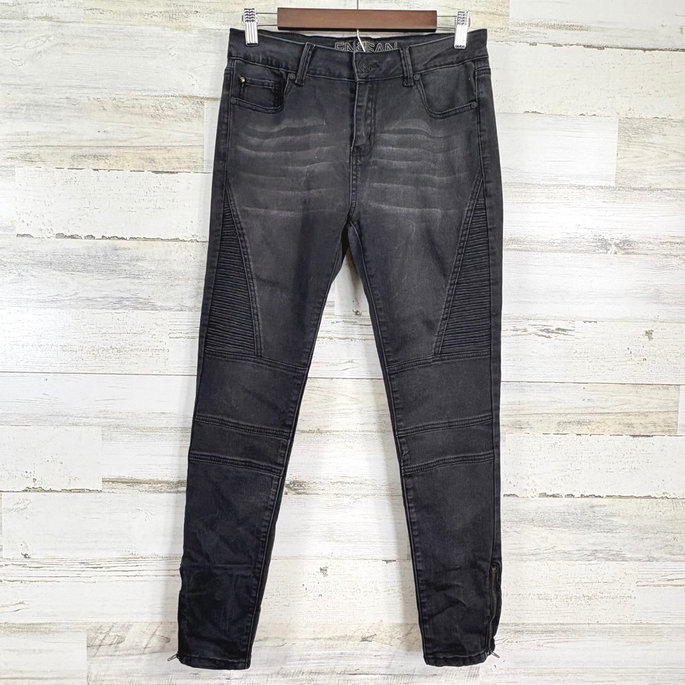 ENJEAN Black Wash Moto Biker Skinny Jeans Women's Size 11 Zippers Accent‎
